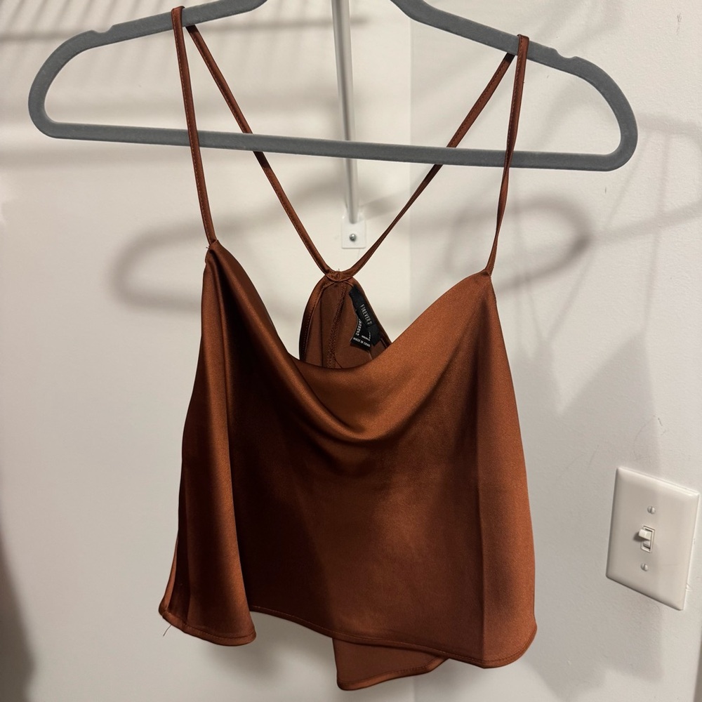 Elegant Brown Satin Cowl Neck Tank Top
